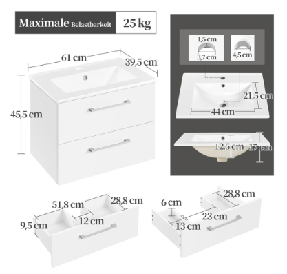 Yaheetech Badezimmerschrank mit Waschbecken – Weiß Hochglanz – 61 x 39,5 x 45,5 cm – Wandmontage, 4 Schubladen, Keramik-Waschbecken