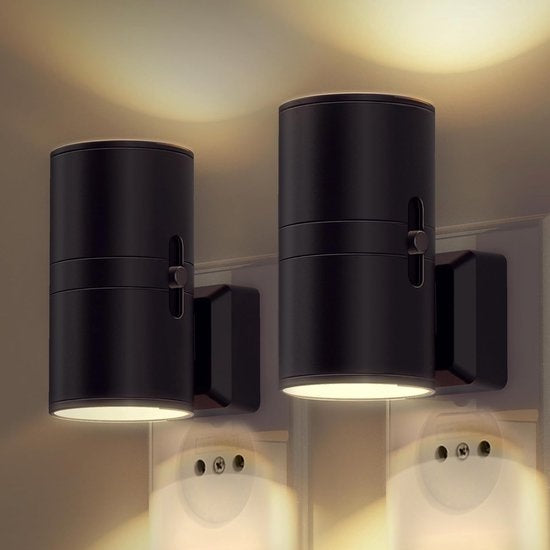 Goliving Nachtlicht Sockel - 2 Stück - Plug Lights - 10,7 x 9,3 cm - Erwachsene - Obere und untere Beleuchtung - Dimmbar - Tag- und Nachtsensor - Plug Light - Schwarz