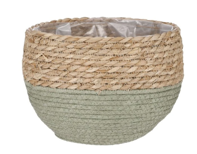 MICA Decorations JORCK Pflanzkorb 26x24 cm - Geflochtenes Seegras mit gedämpfter grüner Unterseite