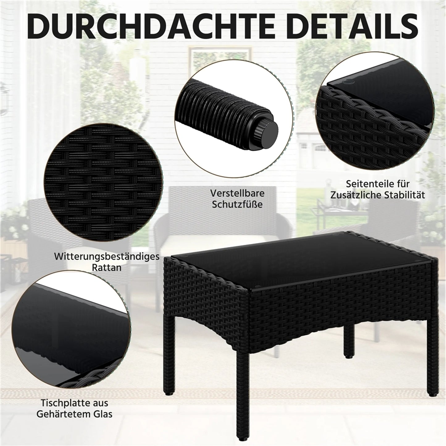 Yaheetech Garten-Set Lounge-Set 4-teilig - 100 x 59,5 x 83,5 cm - Ausgestattet mit handgeflochtenem PE-Rattan und Glastischplatte und waschbaren Kissen - Für Garten und Balkon - Schwarzes Polyethylen und Metall