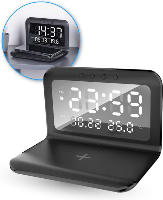 Nuvance - Digitaler Wecker - Digitaler Wecker für das Schlafzimmer - mit drahtlosem Ladegerät und USB-Ladeanschluss - mit Snooze-Funktion und Doppelalarm