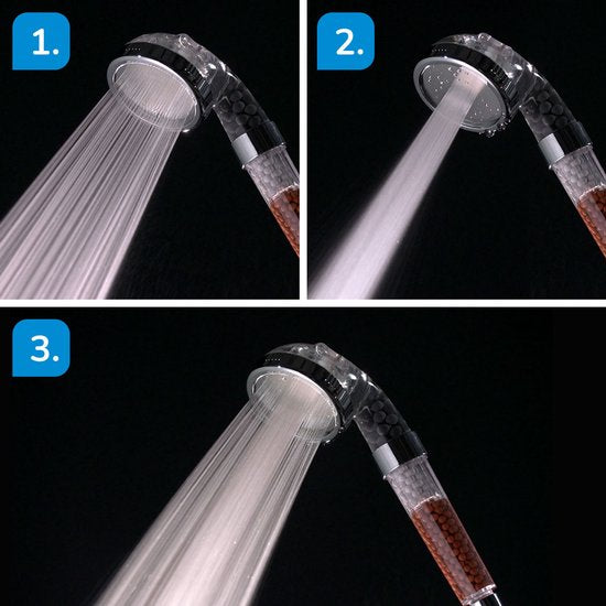 Aquadon Shower Hero – Wassersparender Duschkopf mit natürlichen Mineralperlen – drei Strahlstärken – für alle gängigen Duschschläuche – 3 Strahlarten – erhöht den Wasserdruck – spart Wasser
