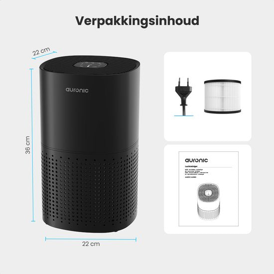 Auronic Luftreiniger Fresh - Mit HEPA 13 Filter - 225 m³/h - 45 m² - Kohlefilter - 3 Stufen - Luftreiniger - Schwarz