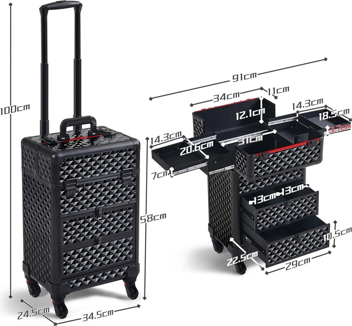 Yaheetech Schminkkoffer auf Rädern - mit 2 Schubladen und ausziehbarem Griff und rautenförmiger Dekoration - für Kosmetikerinnen und Nageltechnikerinnen - schwarzes Metall und MDF - 34,5 x 24,5 x 58 cm
