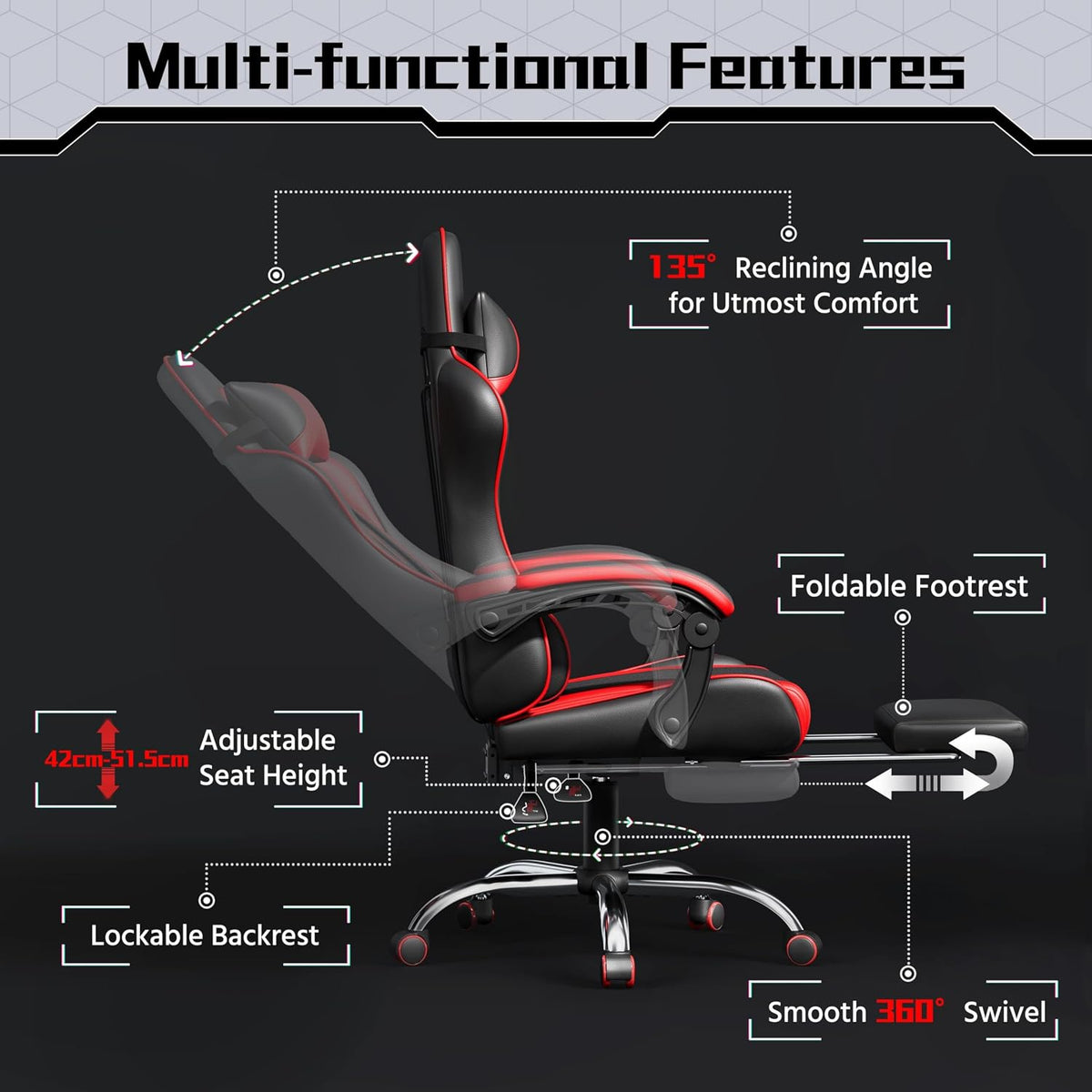 Yaheetech ergonomischer Gaming-Stuhl – Fußstütze und Massagekissen – Schwarz/Rot