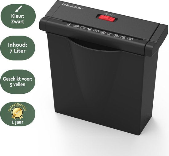 BRASQ Aktenvernichter mit Auffangbehälter Schwarz - 7 Liter - Aktenvernichter für Heim und Büro - P2 - 6mm Streifen - 6 Blatt