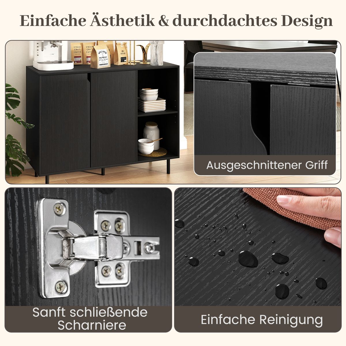 Coast Kommode mit 4 Fächern und 2 Türen – verstellbare Einlegeböden – schwarz – 106 x 38 x 80 cm