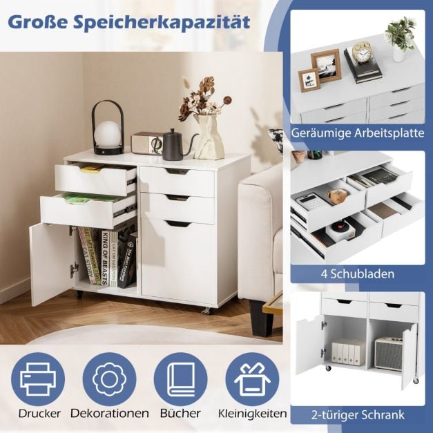 Coast Rollbarer Aktenschrank – 4 Schubladen und 2 Türen – 73 x 40 x 64,5 cm – Weiß