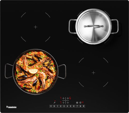 KitchenBrothers Induktionskochfeld - Einbau-Induktionskochfeld - 60 cm - 4 Zonen - 1 und 2 Phasen - bis zu 2400W - Schwarz