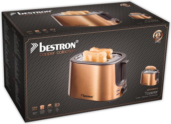 Bestron Toaster ATS1000CO – 1000 W – 7 Bräunungsstufen – 2 Toastschlitze für 2 Scheiben Brot – Kupfer – 5 Jahre Garantie