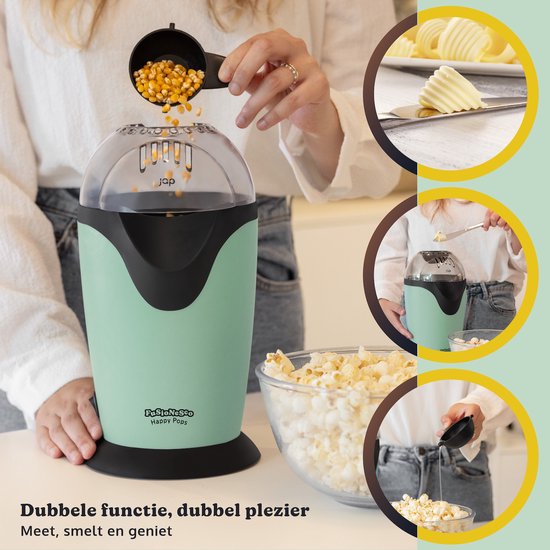 JAP Appliances Happy Pops - Retro-Popcornmaschine (2-3 Personen) - 1200W - Inklusive Mess- und Butterschmelzlöffel - Fertig in 3 Minuten - Ölfrei - Grün