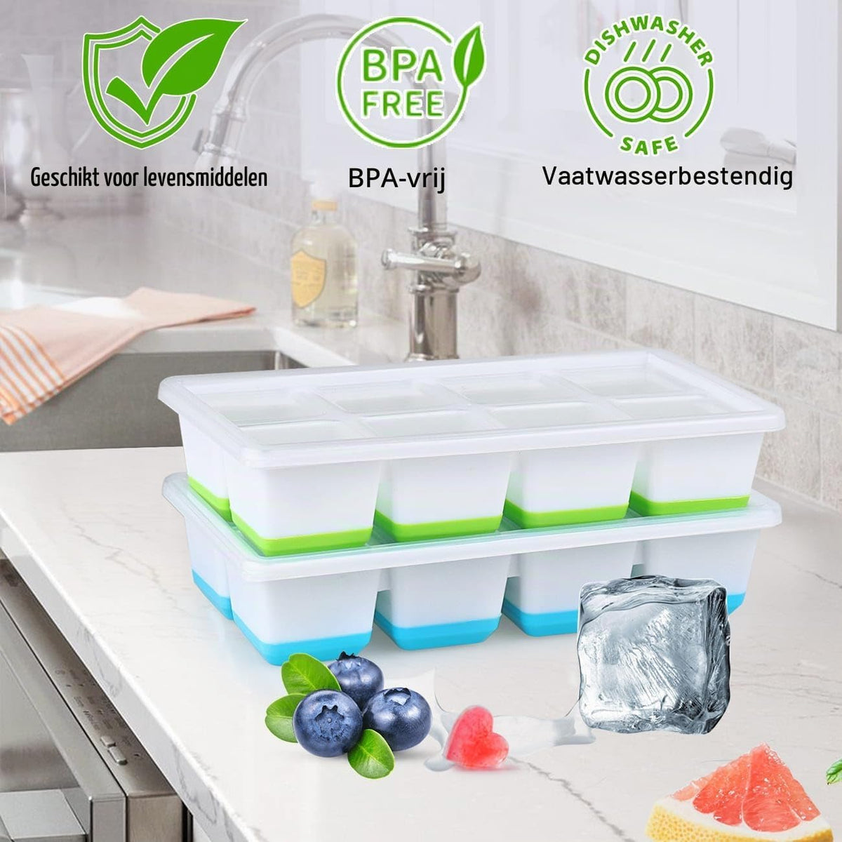 Silikon-Eiswürfelform, groß, mit Deckel, 2er-Set – Eiswürfel mit den Maßen 4,5 x 4,5 x 4 cm – BPA-frei und stapelbar – Rosa