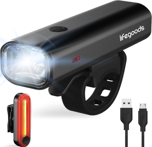 LifeGoods LED-Fahrradlicht-Set - Vorder- und Rücklicht - USB wiederaufladbar - Schwarz
