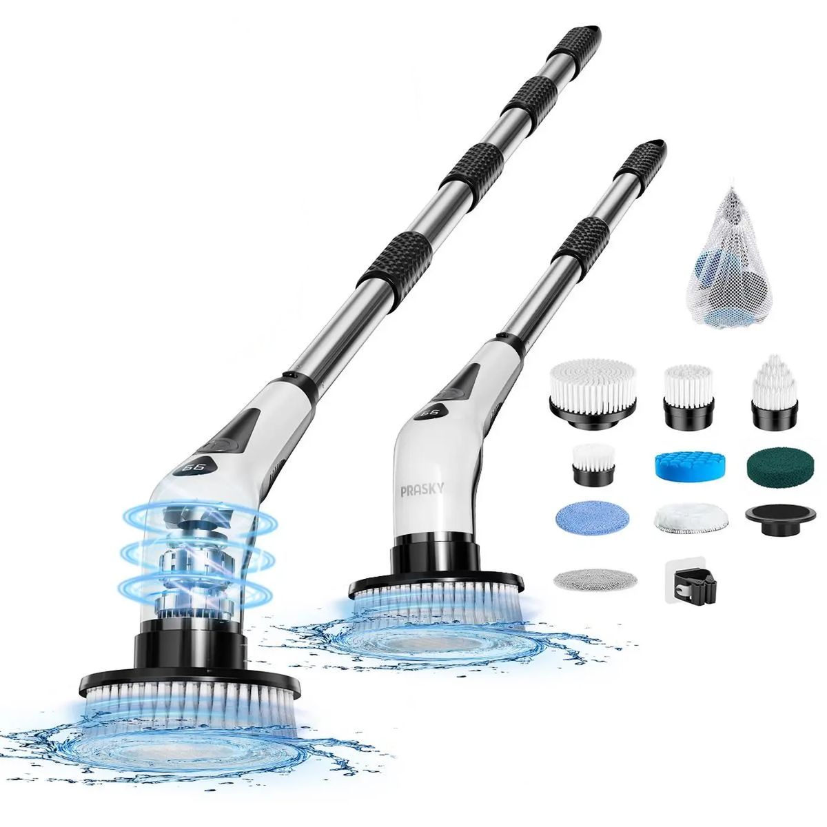 Prasky Akku-Scheuerbürste – 9 Bürstenköpfe und Verlängerungsstiel 55–120 cm – 400 U/min – IPX8 wasserdicht – Schwarz