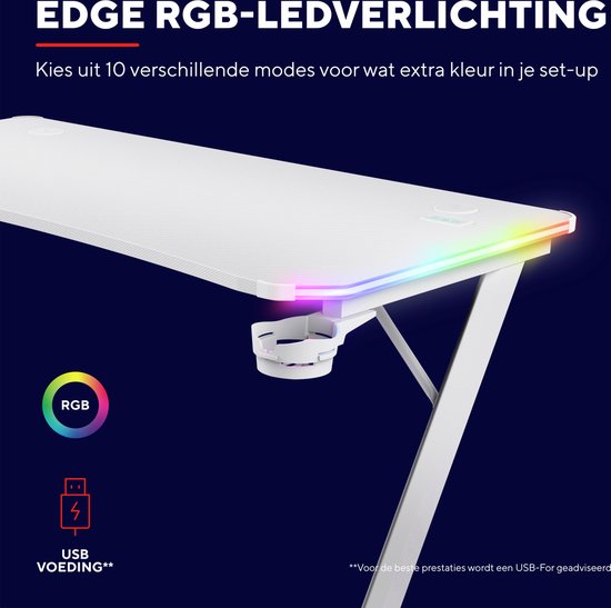 Trust GXT 709W Luminus Gaming-Schreibtisch - RGB-Beleuchtung - Becherhalter - Headset-Halter - Weiß
