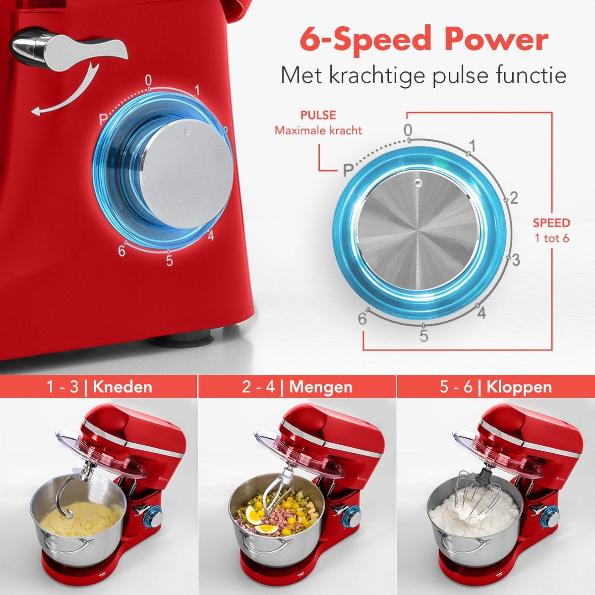 KitchenBrothers Küchenmaschine - Küchenmixer mit 6L-Edelstahl-Mixschüssel - Küchenroboter - 1400W - Rot