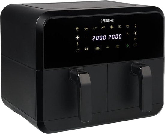 Princess Double Basket Airfryer 182068 - Double Airfryer - 8 Liter - 2 Körbe - XXL - 8 Programme - 2400W - Doppelte Heißluftfritteuse - Touchscreen - Schwarz - 80°C bis 220°C - Sync-Funktion