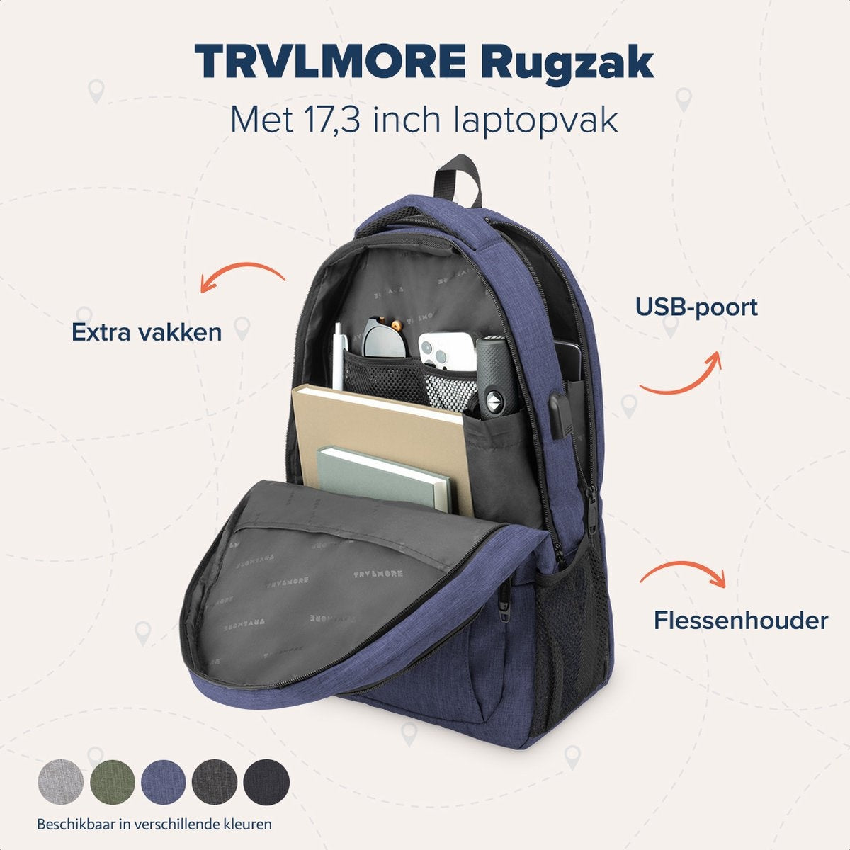 TRVLMORE Rucksack - 36L - 17.3 Zoll - Laptop-Rucksack - Schultasche - Unisex - Spritzwassergeschützt Blau