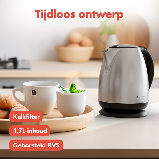 KitchenBrothers Wasserkocher - Elektrisch - 1.7L - Mit Kalkfilter - Edelstahl