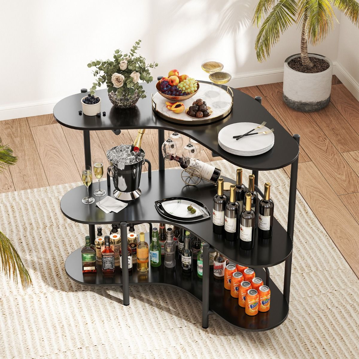 Coast Bartisch Küchentisch - 3 Ebenen, Glashalter, Max. 90 kg - 120 x 66 x 102 cm - Holzfaserplatte/Metall - Schwarz