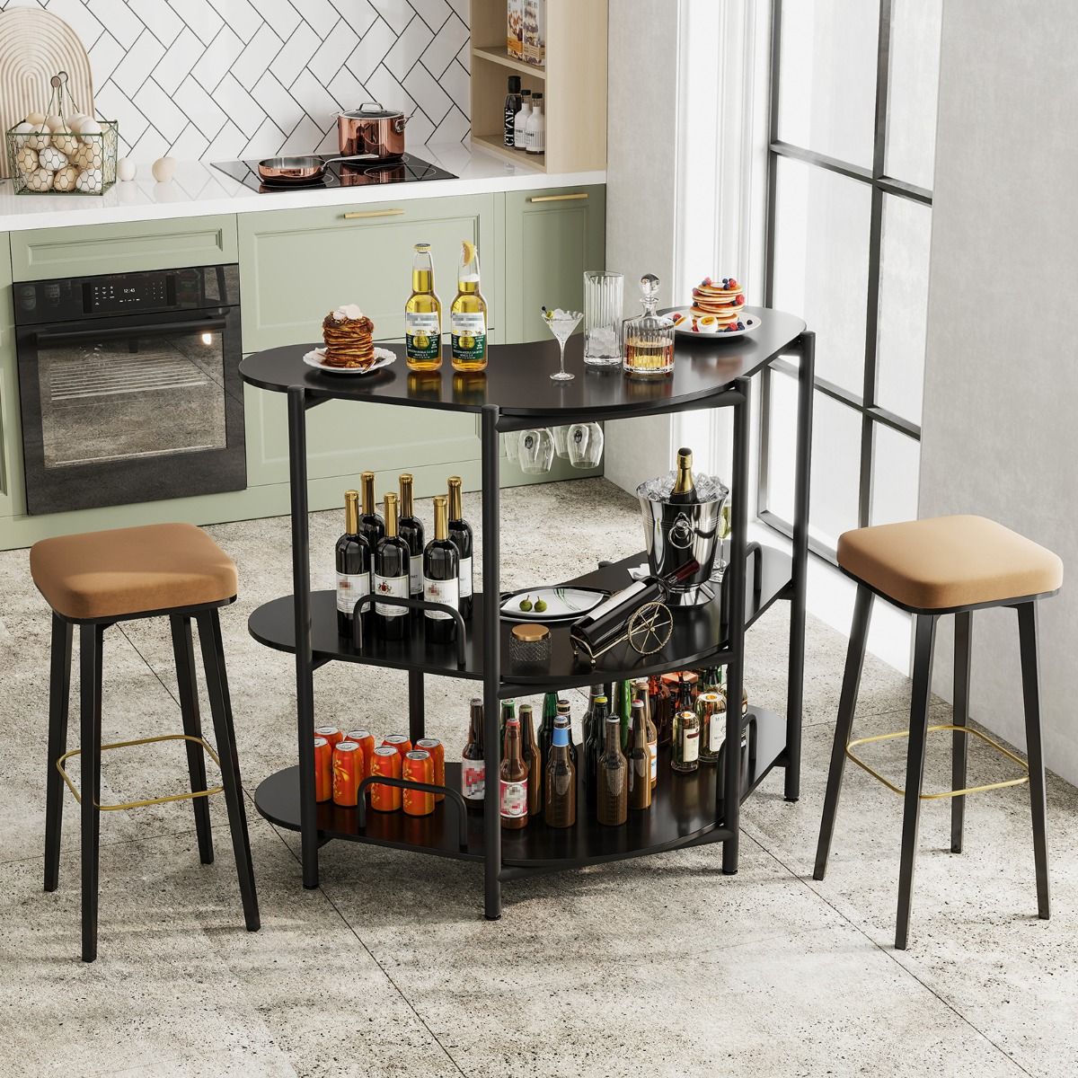 Coast Bartisch Küchentisch - 3 Ebenen, Glashalter, Max. 90 kg - 120 x 66 x 102 cm - Holzfaserplatte/Metall - Schwarz