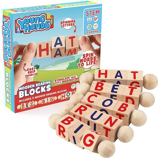 Creative Kids - Leseblöcke aus Holz - Set mit 5 drehbaren Alphabetblöcken - Griffige Griffe - Lernaktivitäten für Kindergarten & Vorschule - Buchstabenarbeit - Montessori-Holzspielzeug - Geschenke für Kinder & Kleinkinder