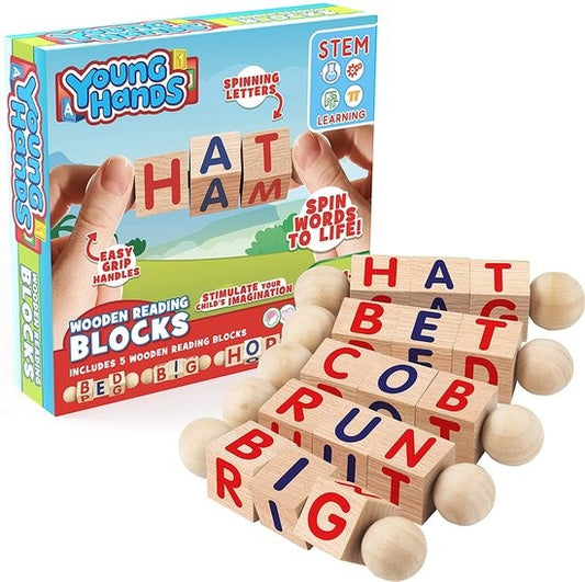 Creative Kids - Leseblöcke aus Holz - Set mit 5 drehbaren Alphabetblöcken - Griffige Griffe - Lernaktivitäten für Kindergarten & Vorschule - Buchstabenarbeit - Montessori-Holzspielzeug - Geschenke für Kinder & Kleinkinder