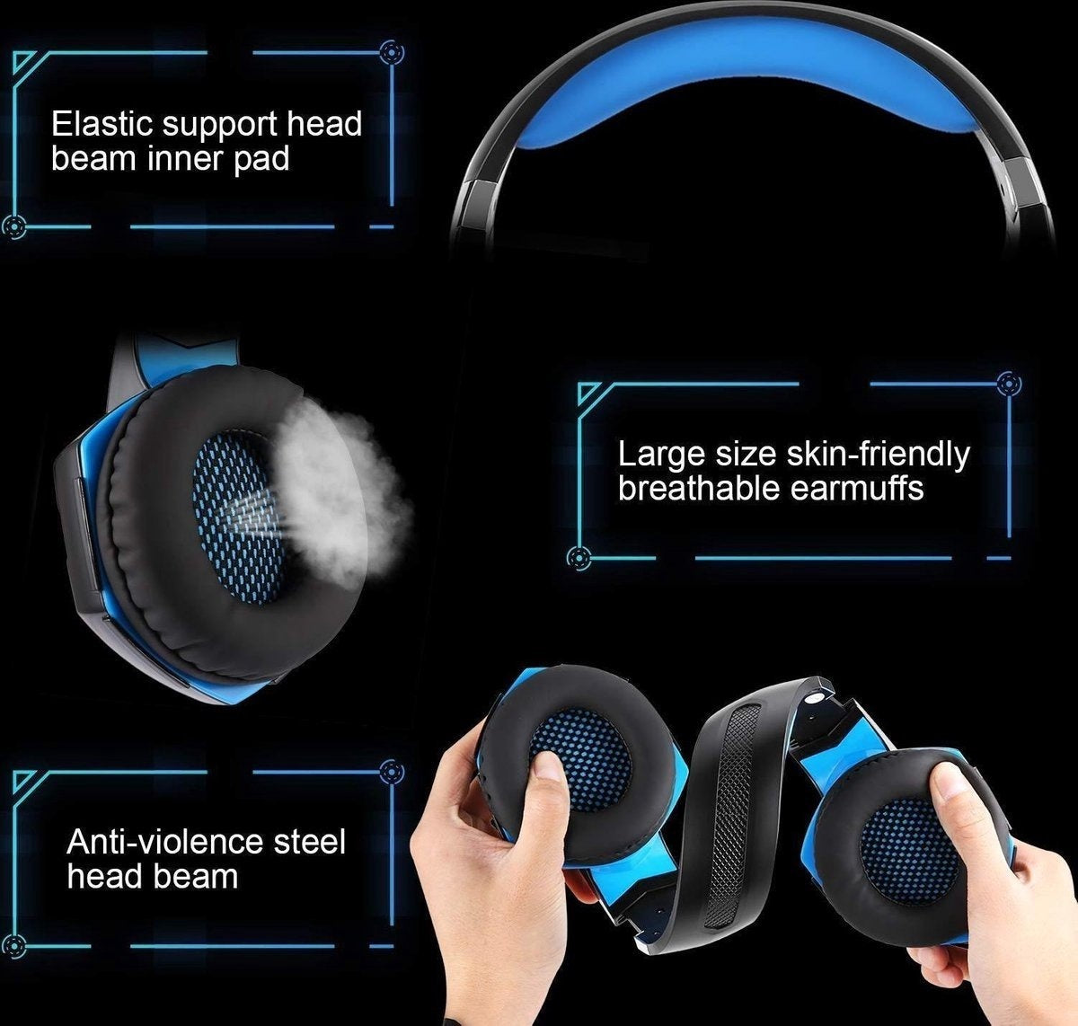 KOTION EACH G2000 Gaming Headset - Schwarz/Blau - Geeignet für PS5, Xbox Series X, Windows & Switch