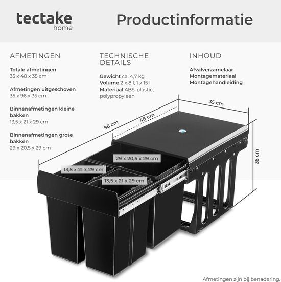 tectake Abfallsammler - Einbauabfallbehälter - Mehrfache Abfalltrennung - Effiziente Aufräumlösung für Küche und Büro - Dreifachbehälter mit Teleskopschienen - 2x 8L + 1x 15L