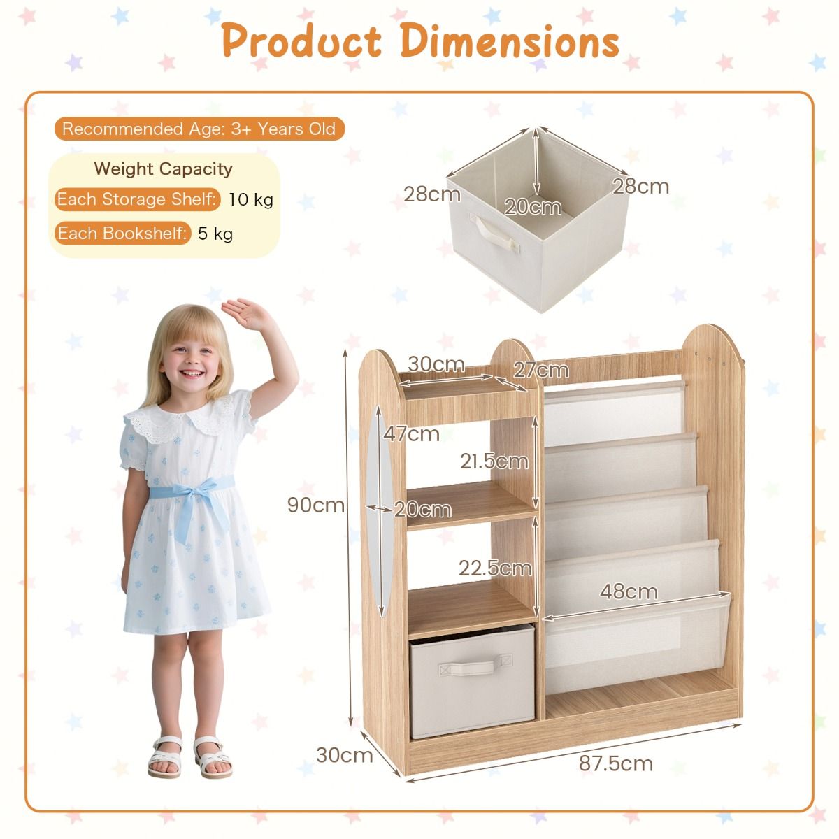 Coast Kinderbücherschrank mit Ganzkörperspiegel – 4-stöckiges Bücherregal, Stoffschublade und Haken – Naturfarben – 87,5 x 30 x 90 cm