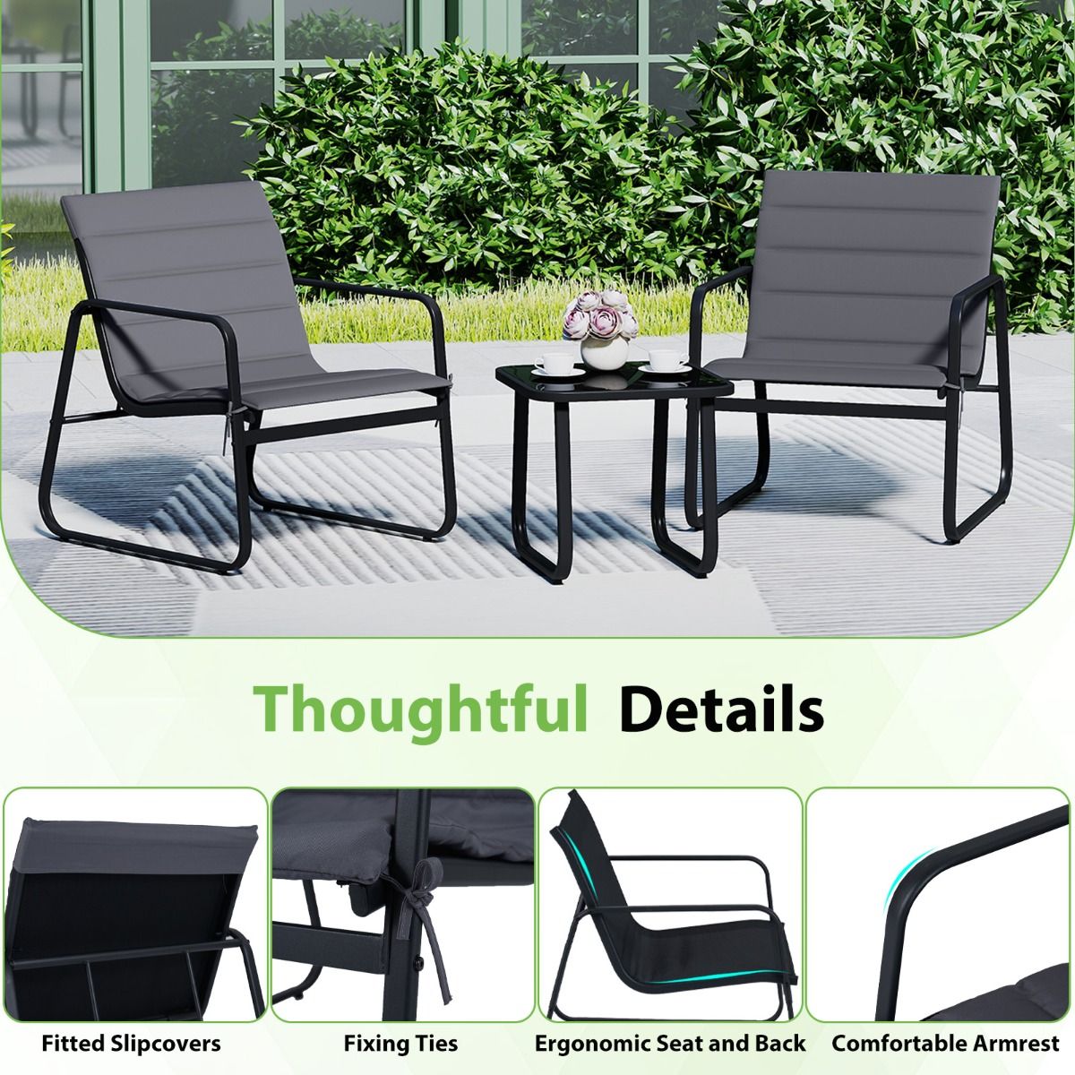 Coast 3-teiliges Gartenset – Gartenstühle mit abnehmbaren Kissen – Beistelltisch mit gehärtetem Glas – grau und schwarz