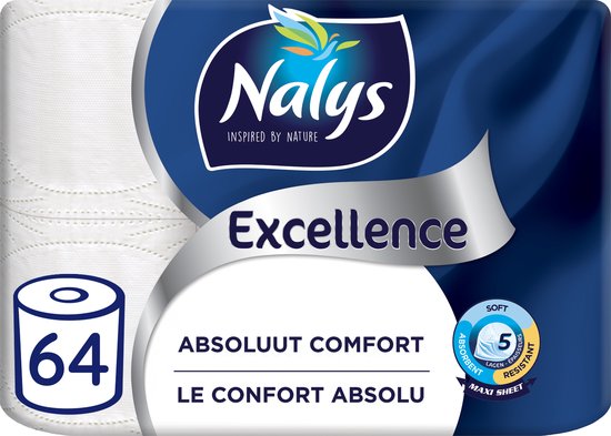 Nalys Excellence Toilettenpapier - 64 Rollen - Weißes Maxi Sheets Toilettenpapier (5-lagig) - Vorteilspackung - Papierverpackung