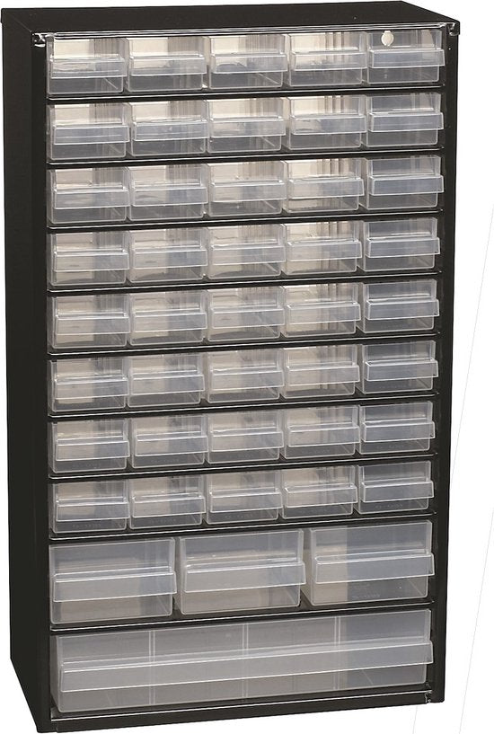 Raaco Schubladenschrank mit 44 Schubladen – Sortimentsschrank aus Metall – Aufbewahrungssystem u. a. für Schrauben und Bolzen – Kann an der Wand befestigt werden – Inkl. 10 Trennwände – 150 x 510 x 303 mm