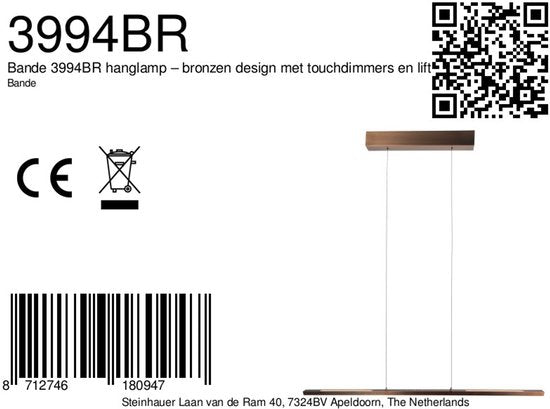 Hängeleuchte Bande 3994BR, bronzefarbene LED-Leuchte, 114 cm breit, mit höhenverstellbarem System von Steinhauer, stilvolles und modernes Design in warmer Farbgebung