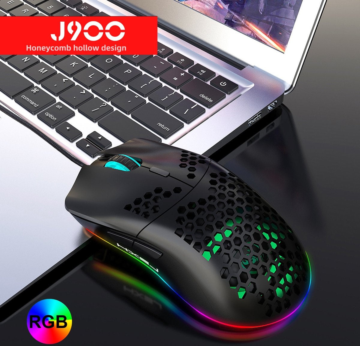 HXSJ J900 Optische Gaming-Maus - Ultraleicht - RGB-Beleuchtung - 6400 DPI - Schwarz