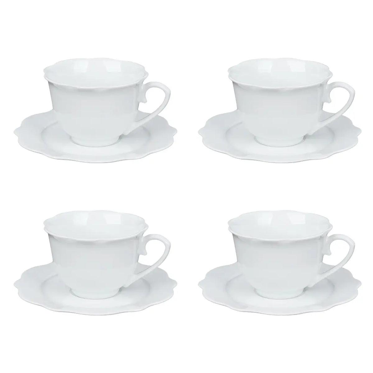 Elegantes weißes Keramikgeschirr, 8-teilig – 4 Tassen mit Untertassen – rundes Design – für den täglichen Gebrauch