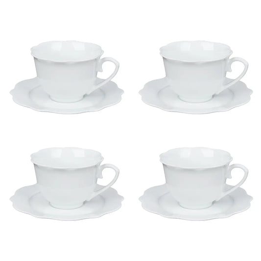 Elegantes weißes Keramikgeschirr, 8-teilig – 4 Tassen mit Untertassen – rundes Design – für den täglichen Gebrauch