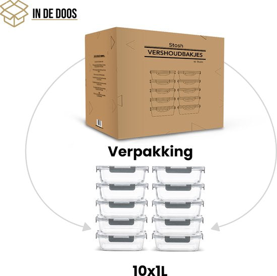 Stosh Meal Prep Trays - Frischhalteschalen - Gefrierschalen - Luftdicht - 10 Stück - 1L - BPA frei - Glas