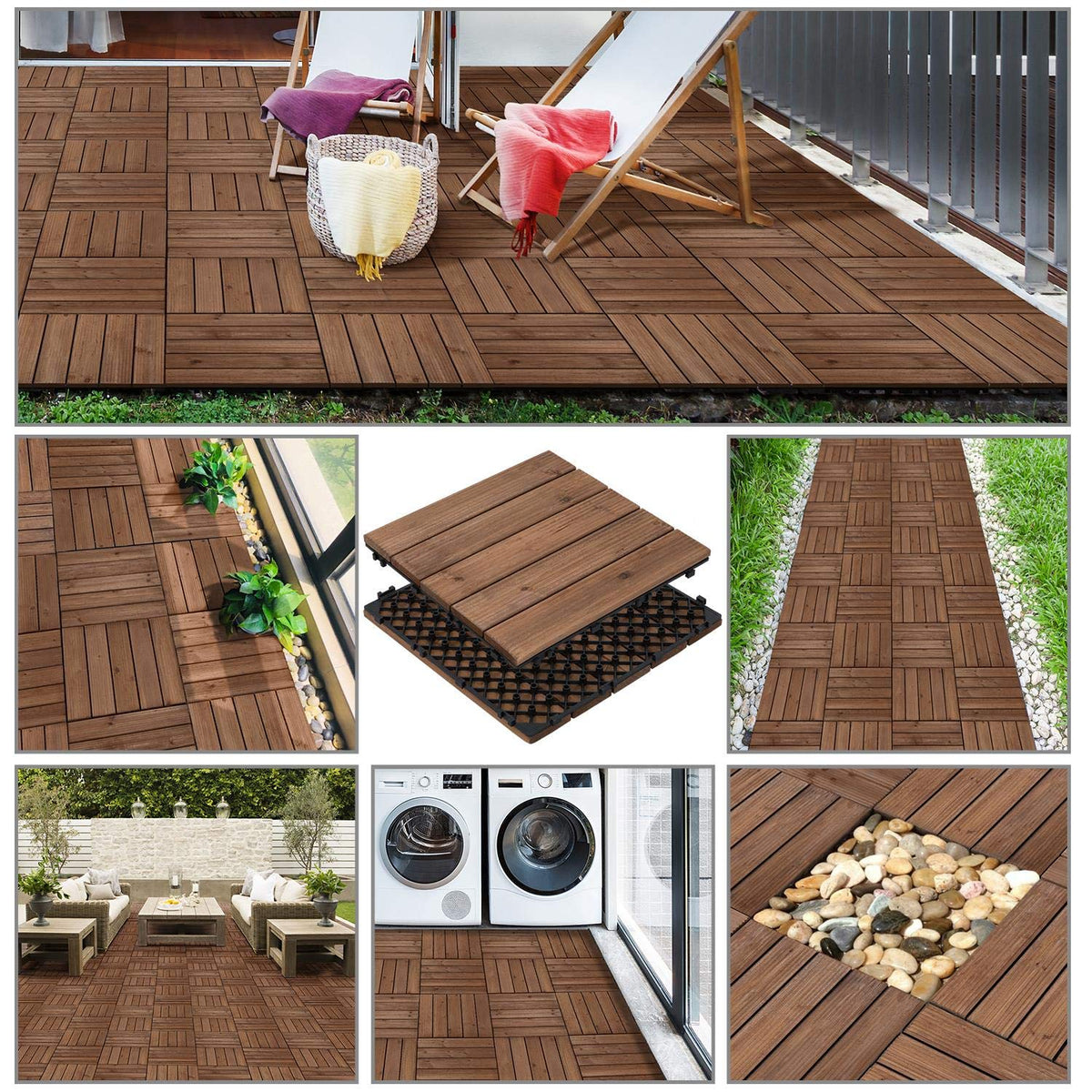 Yaheetech Holz-Terrassenplatten 30 x 30 cm – Stimmungsvolles Braun – Fichtenholz und Polypropylen