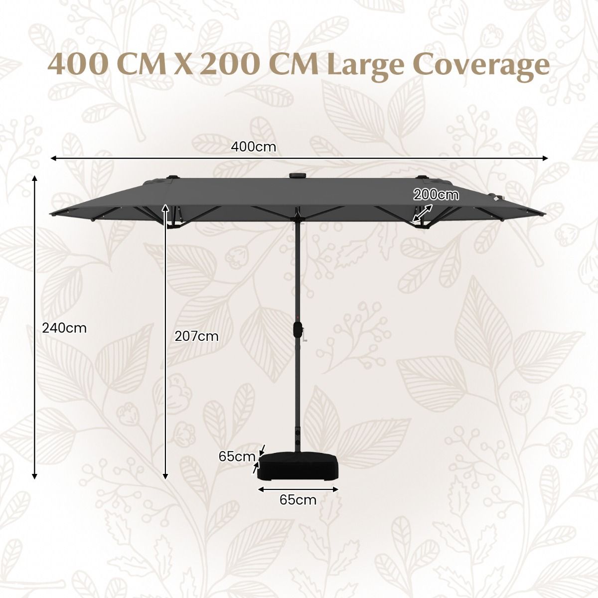 Coast Doppel-Gartenschirm mit solarbetriebenem LED-Licht – 400 x 200 cm – Grau