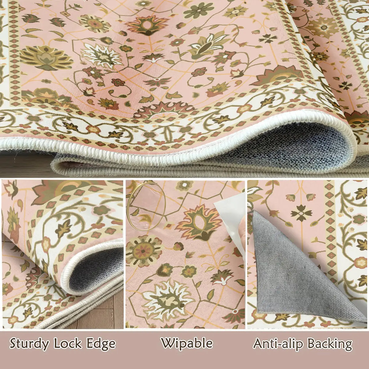 WhereHike Teppich – Mehrfarbig – Vintage-Blumenmuster – Waschbar – Rutschfest – Polyester – 183 x 274 cm