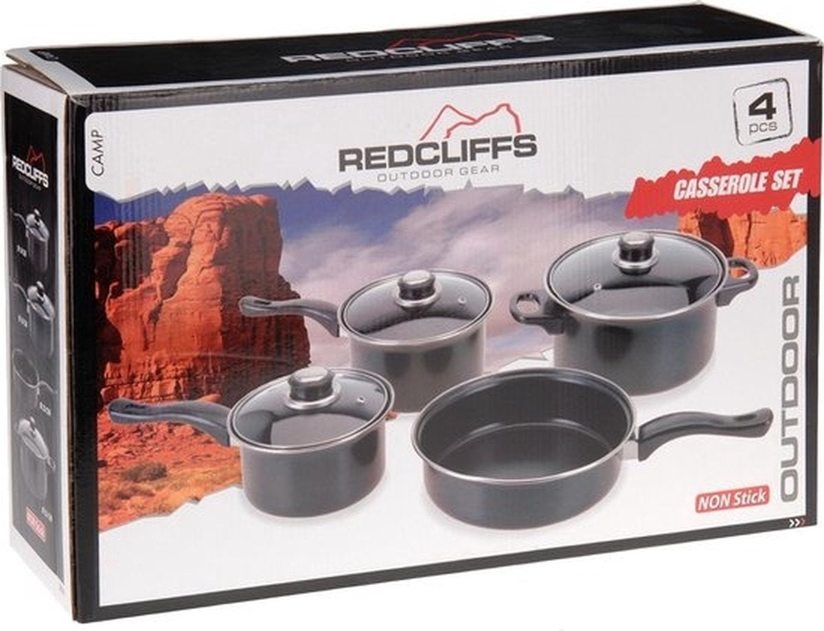Redcliffs 4-teiliges Kochgeschirr-Set - mit 3 Glasdeckeln - Antihaft - Camping/Camping - Stieltöpfe, Kasserolle, Schmortopf