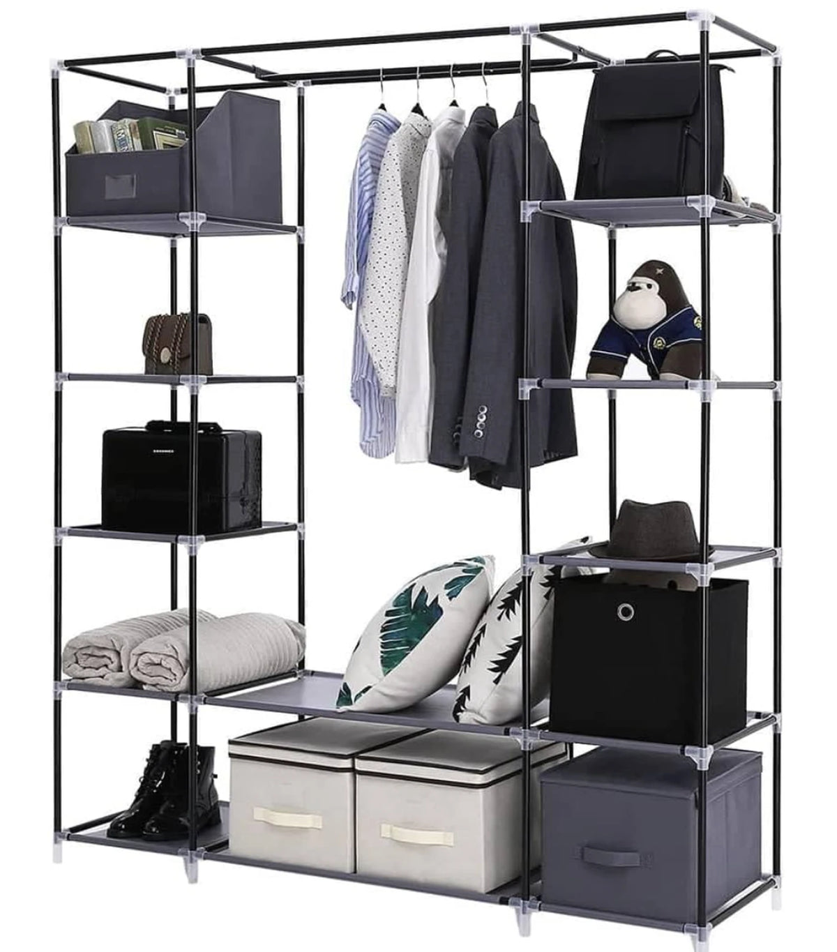 Kleiderschrank, Wäscheschrank 150 x 175 x 45 cm – Grau – 2 Kleiderstangen – Einlegeböden – Zusammenklappbar