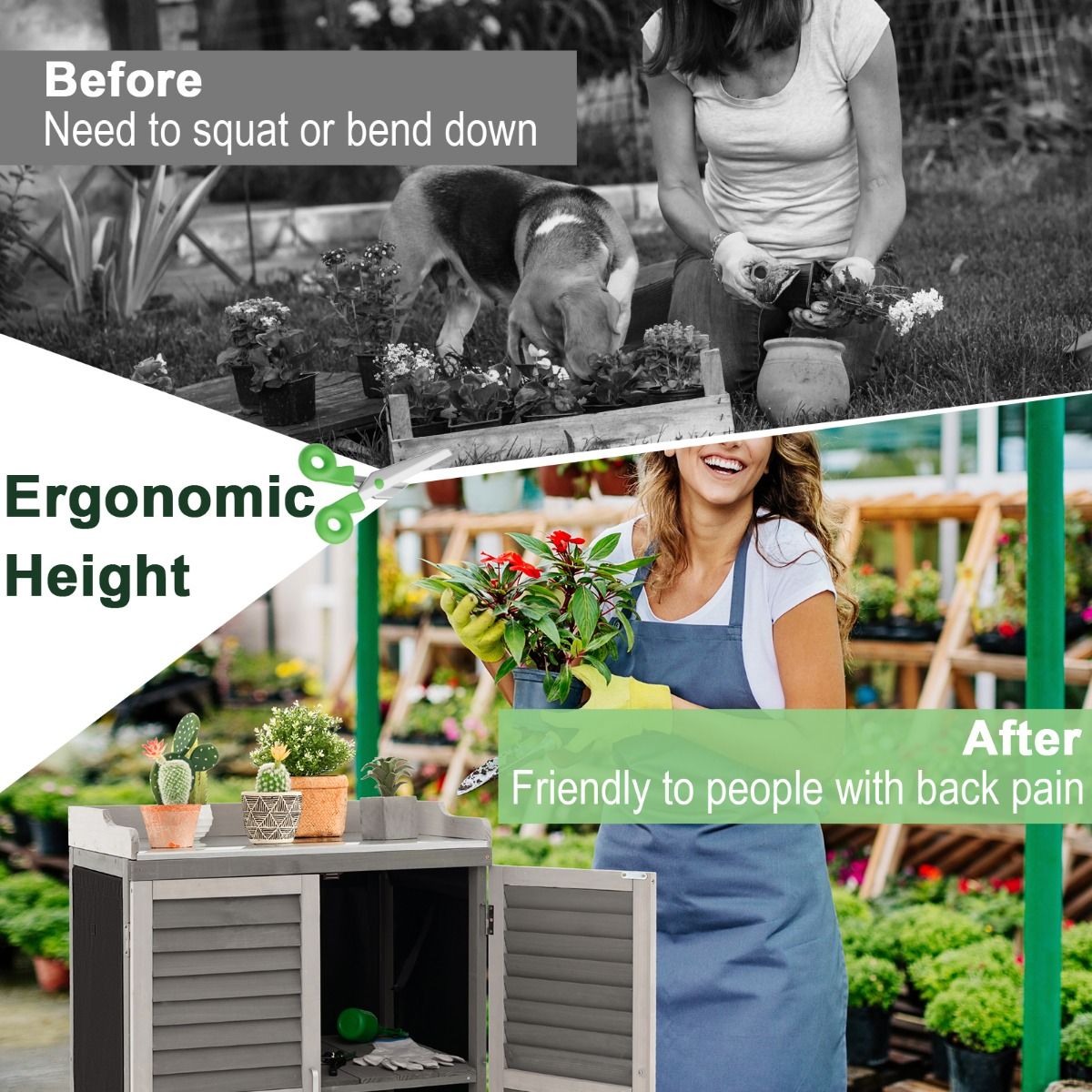 Coast Holz Gärtnertisch Aufbewahrungsschrank 67x47x100 cm Grau mit Metallarbeitsplatte und 2 Einlegeböden