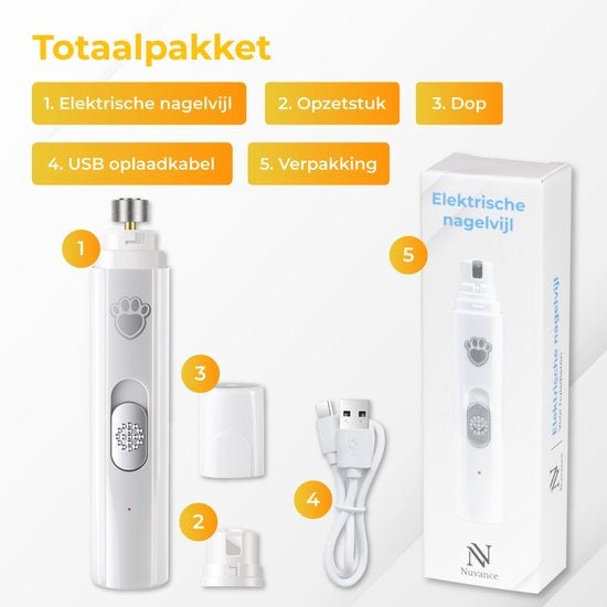 Nuvance - Elektrische Nagelfeile - für Hunde, Katzen und Tiere - Usb wiederaufladbar - Diamantfeilenkopf - kabellos - weiß