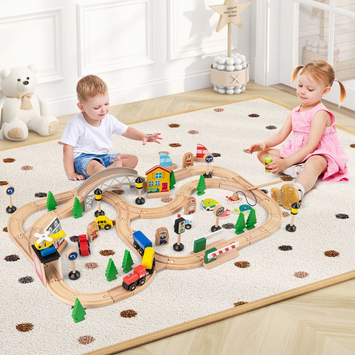 Coast Holzzug-Spieltisch für Kinder – 5-in-1-Aktivitäten-Spieltisch – 78-teilig – Naturfarben