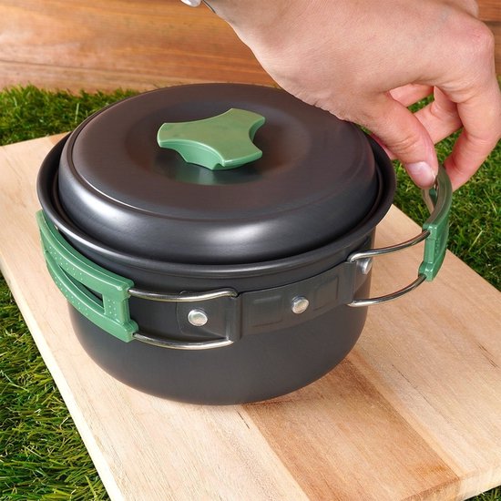 Redcliffs Outdoor Camping-Kochgeschirrset – 2-teilig – Aluminium/Edelstahl – schwarz/grün – Camping