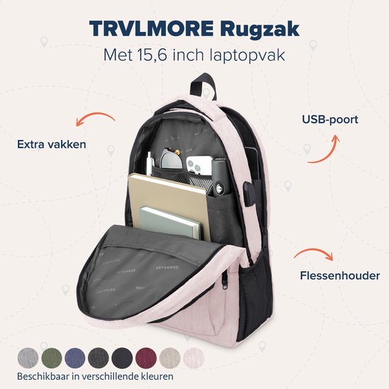 TRVLMORE Rucksack - 28L - 15.6 Zoll - Laptop-Rucksack mit USB - Anti-Diebstahl - Männer und Frauen - Tasche Pink