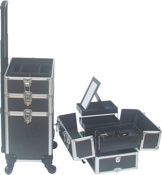 VDD - Schminkkoffer - Schminkkoffer - Schminkwagen - Friseurkoffer - Beautycase - Kosmetikkoffer - Mit Rädern - Schwarz - 26 x 35 x 70cm
