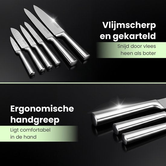 MoreCore Messerset mit Messerblock und Messerschärfer – Messerblock – Küchenmesser – Inklusive Küchenschere – Kochmesser – Kratzfest – Edelstahl – Silberfarben/Schwarz – Vatertagsgeschenk